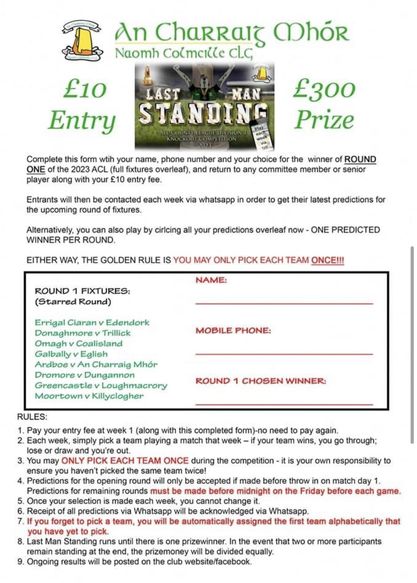 Last Man Standing Competition – Update – St Colmcilles